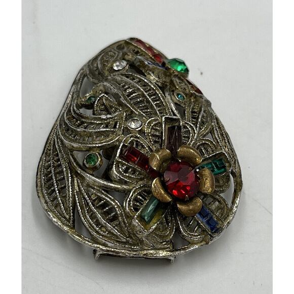 Antique 1930’s Multi-Color Glass Rhinestone Large Tear Drop Fur Dress Clip - Picture 4 of 8